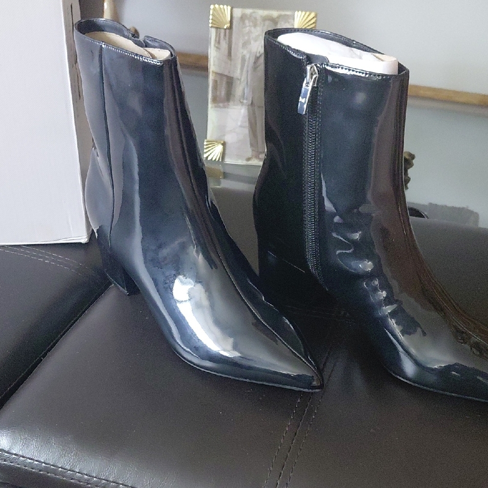 Marc Fisher Black Patent Pointed-Toe Ankle Booties with Side Zip Detail